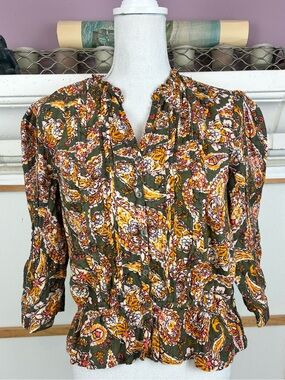 Sam Edelman Cottagecore Paisley Button-Front Blouse w/ruched sleeves